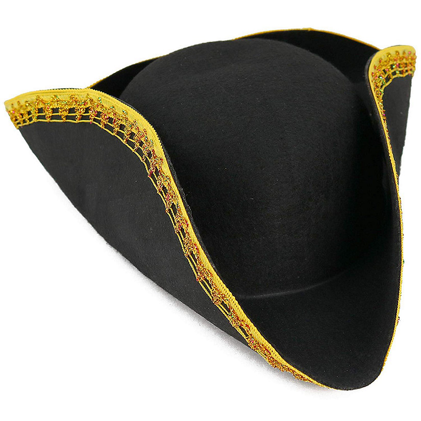 Skeleteen Colonial Black Tricorn Hat - Revolutionary War Costume Tricorner Deluxe Hat with Gold Trimming Image