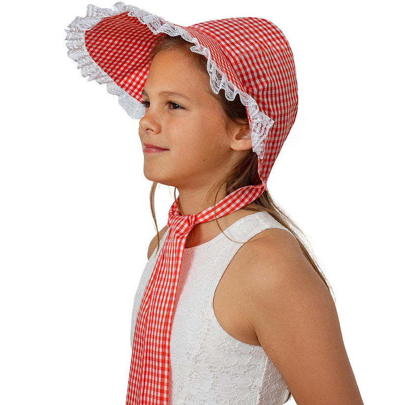Skeleteen Colonial Pioneer Womens Bonnet - Revolutionary War Red and White Gingham Pilgrim Women Bonnets Sun Hats Dress Up Costume Accessories Image