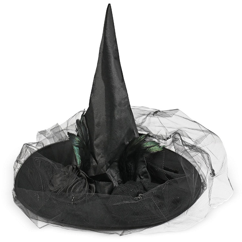 Skeleteen Deluxe Pointed Witch Hat - Glamorous Black Witches Accessories Fancy Satin Hat with Bow, Spiders and Black Feathers Image