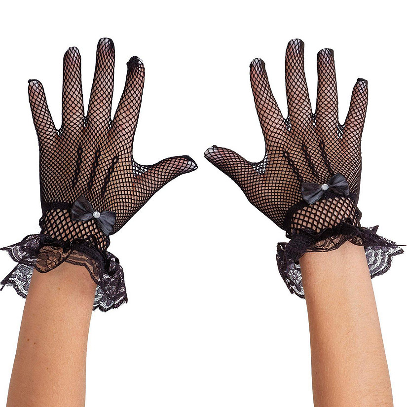 Skeleteen Dress Lace Hand Gloves - Vintage Formal Black Sheer Evening Gloves with Satin Bow and Lace Ruffle Wrist Cuffs for Women and Girls Image