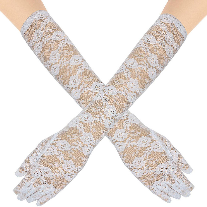 Skeleteen Elegant Lace Elbow Gloves - 1920s Fashion Opera Length Tea Party White Wedding Gloves Image