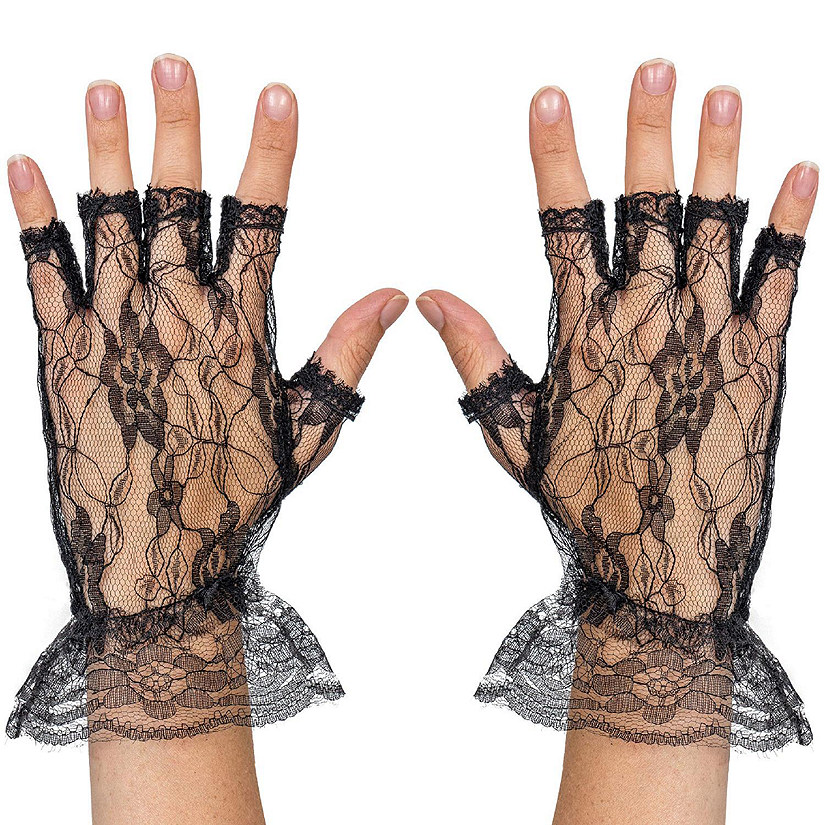 Skeleteen Fingerless Lace Black Gloves - Ladies and Girls Ruffled Lace Finger Free Bridal Wrist Gloves Image