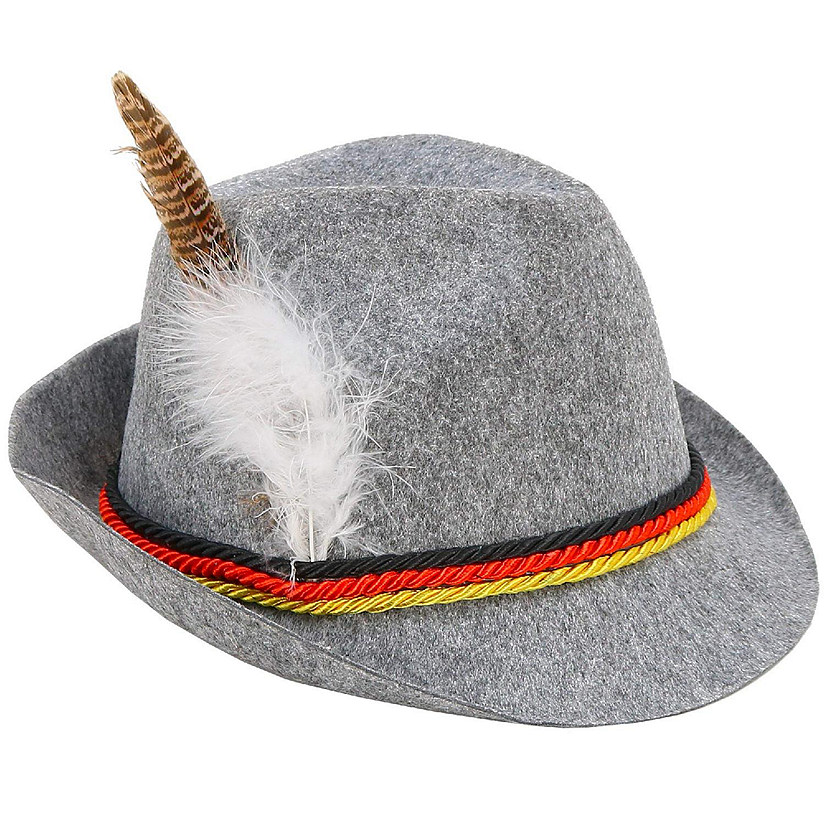 Skeleteen German Oktoberfest Alpine Fedora - Bavarian Swiss Traditional Trachten Felt Costume Hat with Feather for Kids and Adults GreySkeleteen German Oktoberf Image