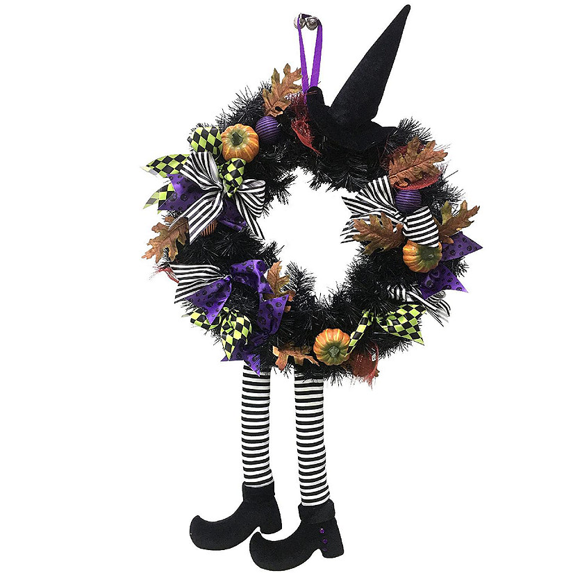 Skeleteen Happy Halloween Witch Wreath - Front Door Hanging Witchy Decorations with Pumpkins, Maple Leaves, Witch Hat and Witch Legs Image