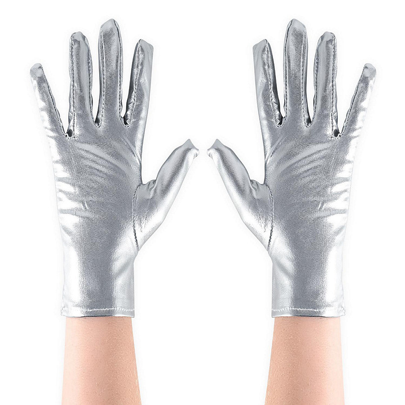 Skeleteen Metallic Silver Costume Gloves - Shiny Silver Princess Evening Stretch Dress Tea Glove Set for Men, Women and Kids Image