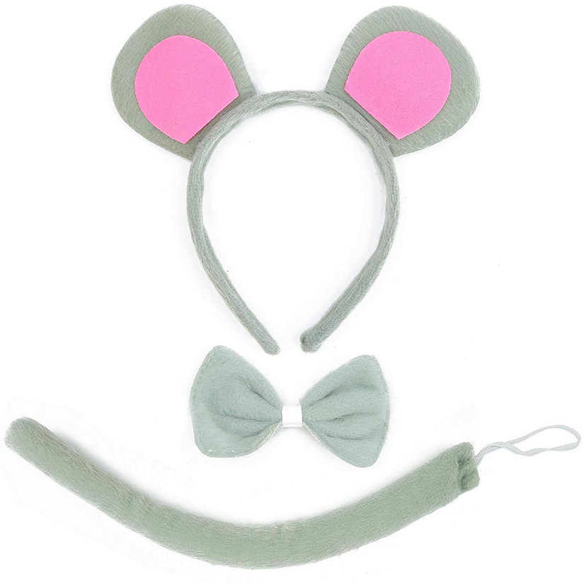 Skeleteen Mouse Costume Accessory Set - Grey and Pink Ears Headband, Bow Tie and Tail Accessories Set for Rat Costume for Toddlers and Kids Image