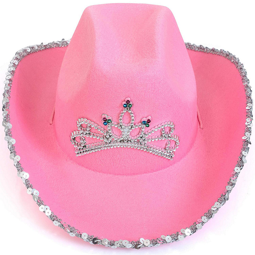 Skeleteen Pink Cowboy Hat - Pink Sequin Cowgirl Princess Hat with Crown Tiara Design Image