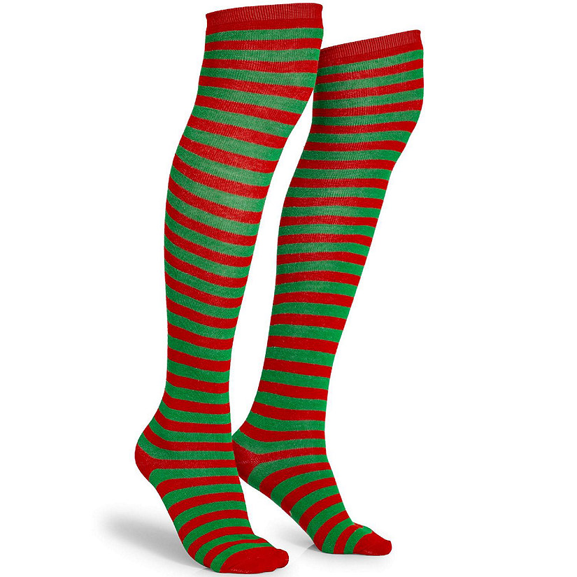 Skeleteen Red and Green Socks - Over The Knee Elf Striped Thigh High Costume Accessories Stockings for Men, Women and Kids Image