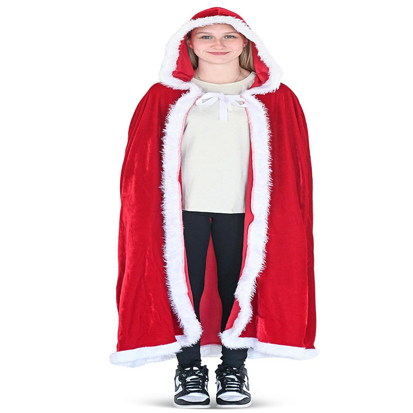 Skeleteen Red Velvet Santa Cape - Long Red Velour Hooded Cloak with White Fur Trimming Image