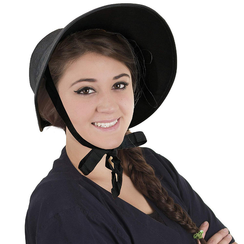 Skeleteen Vintage Old Fashioned Bonnet - Black Colonial Pioneer Prairie Felt Sun Hat Costume Bonnets for Women and Children Image