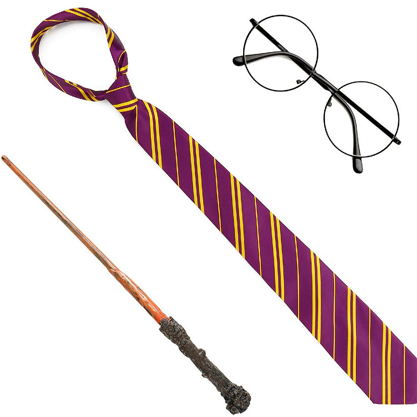 Skeleteen Wizard Costume Accessories Set - Nerd Circle Glasses, Red and Gold Tie and a Magic Wand Accessory Set for Kids and Adults Image