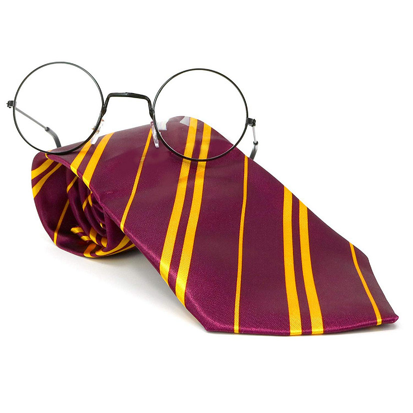 Skeleteen Wizard Glasses and Tie - Maroon and Gold Dress Up Tie and Black Round Glasses Set - 1 Pair Image