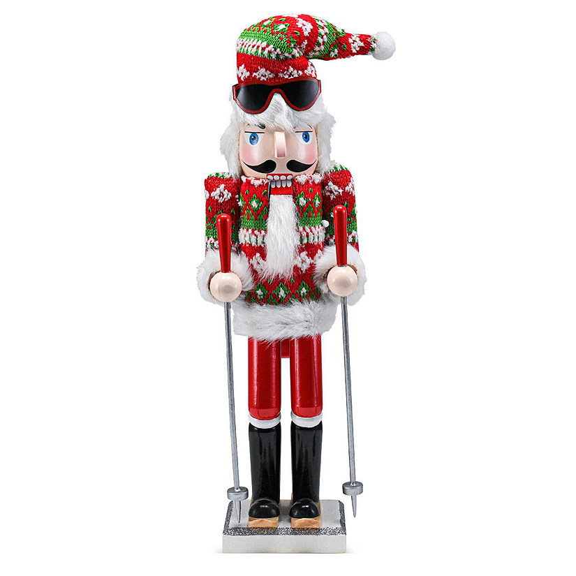 Skier Man Nutcracker  Red and Green Wooden Nutcracker Guy with Ugly Sweater and Ski Sticks Image