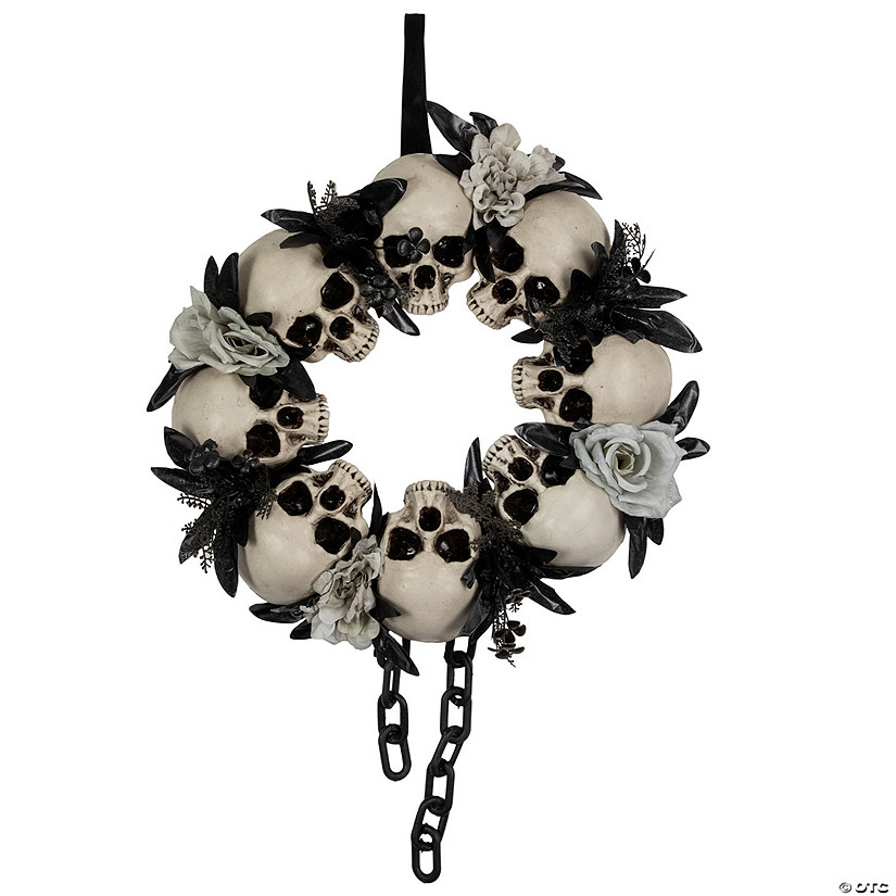 Skulls and Chains with Gray Roses Halloween Wreath  15-Inch  Unlit Image