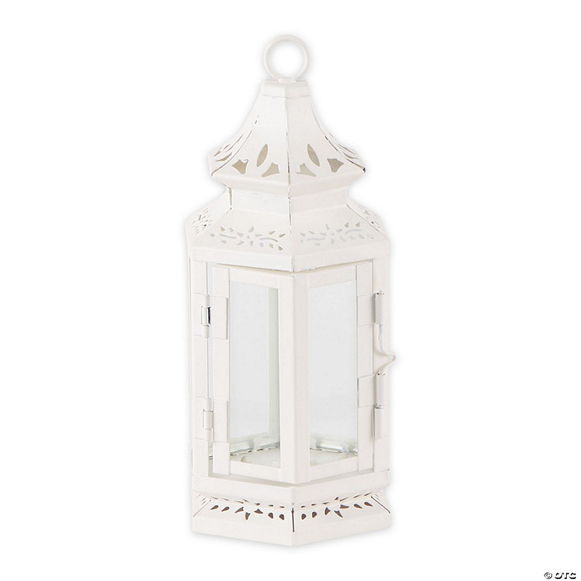 Small White Metal Victorian Lantern With Floral Cutouts And Glass Panels 8" Tall Image