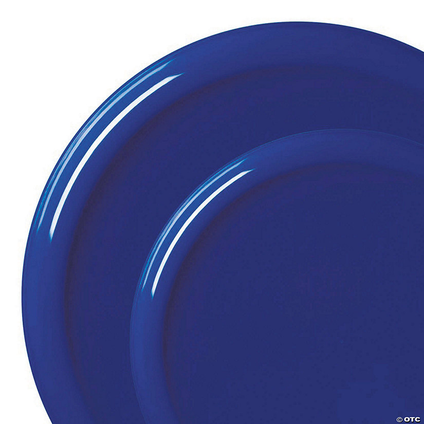 Solid Blue Flat Round Disposable Plastic Dinnerware Value Set - 20 Dinner Plates + 20 Salad Plates Image