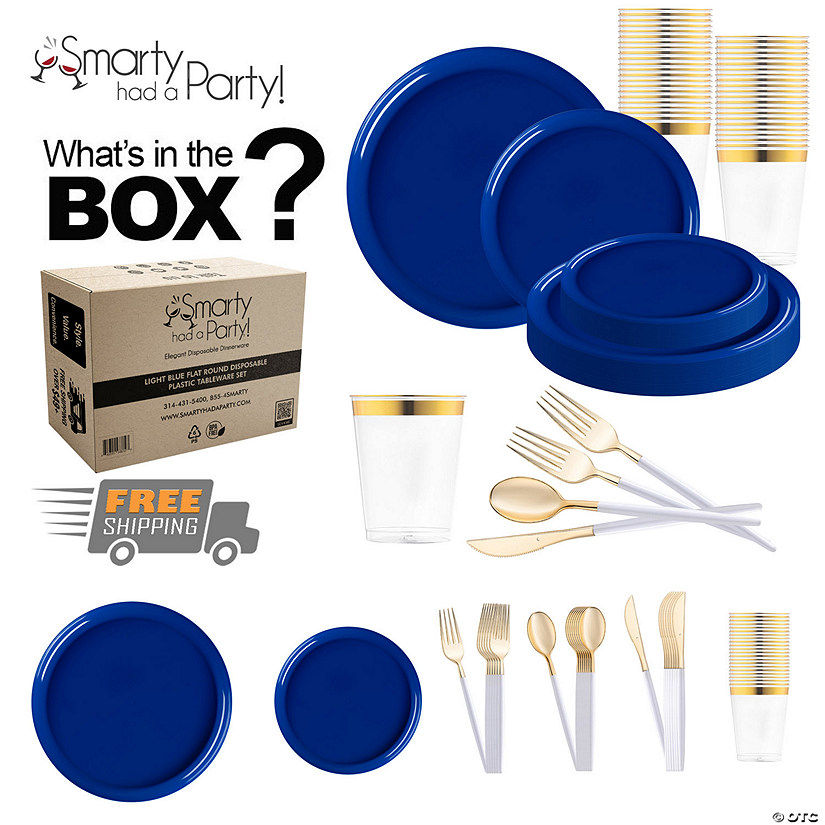 Solid Blue Flat Round Disposable Plastic Tableware Set - 120 Settings Image