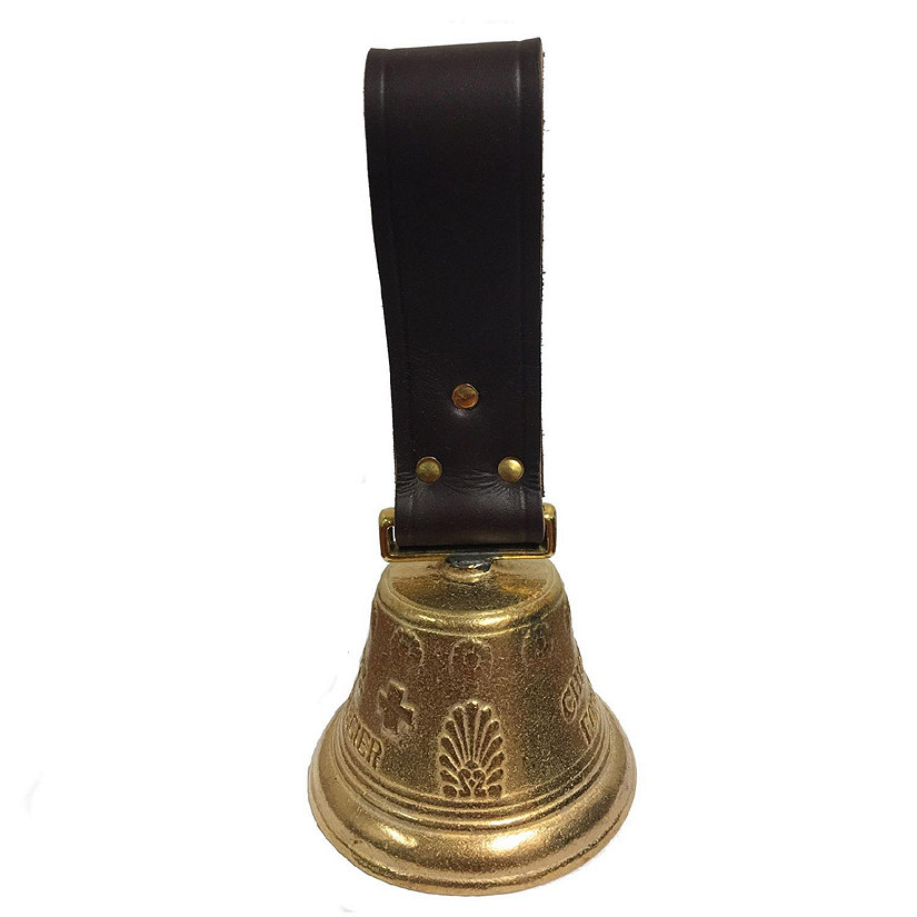 Solid Brass Swiss Cowbell with Dark Brown Leather Handle Made in the USA New Image