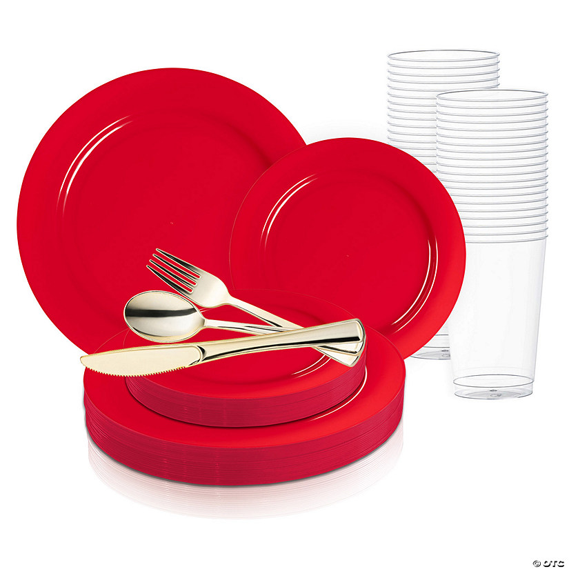 Solid Red Holiday Round Disposable Plastic Wedding Value Set - 120 Settings Image