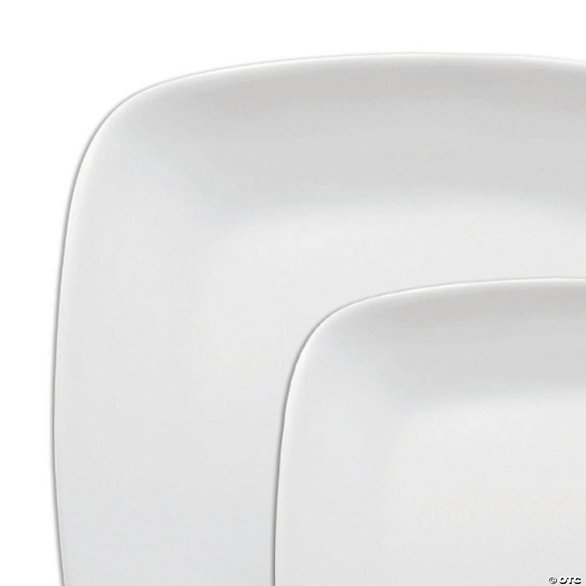 Solid White Flat Rounded Square Disposable Plastic Dinnerware Value Set (120 Dinner Plates + 120 Salad Plates) Image