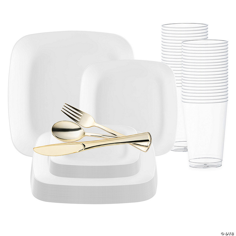 Solid White Flat Rounded Square Disposable Plastic Wedding Value Set - 60 Settings Image