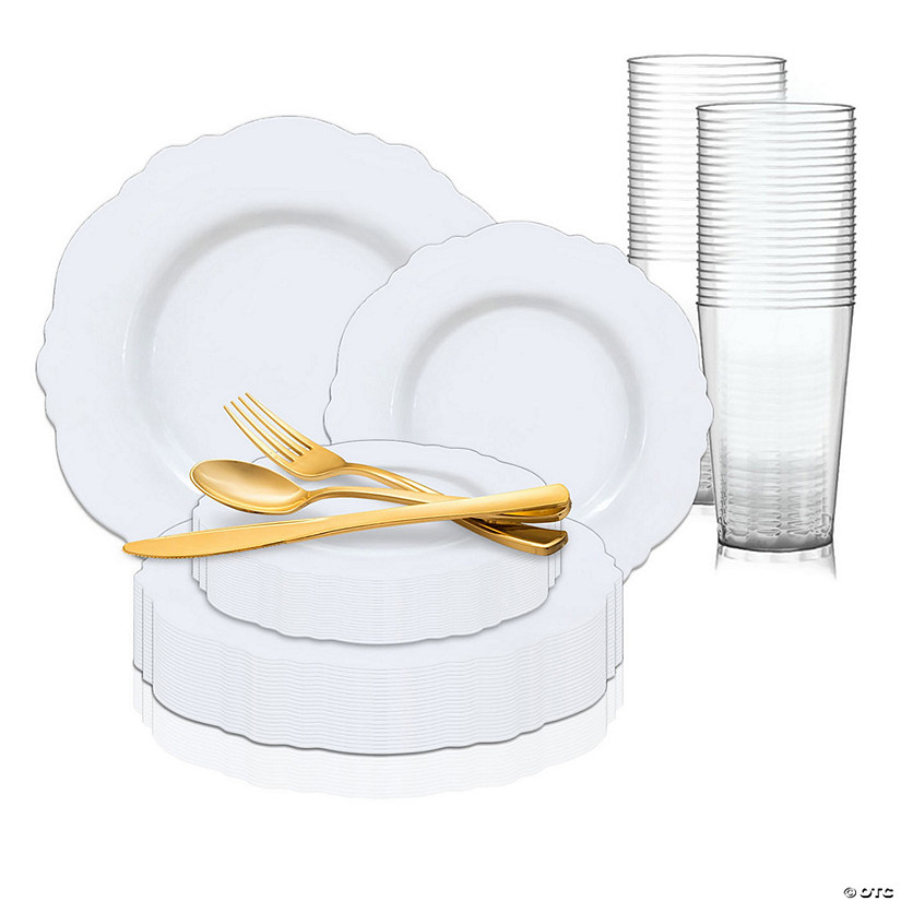 Solid White Round Blossom Disposable Plastic Wedding Value Set - 20 Settings Image