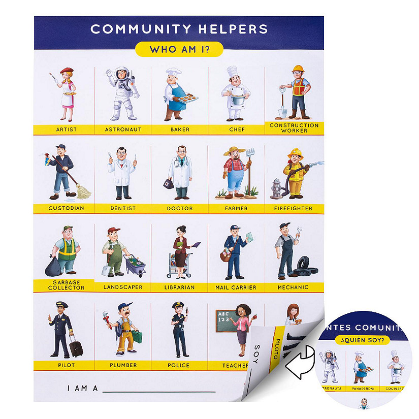Spark Community Helpers Poster for Classroom 18 x 24 Laminated Double Sided English/Spanish Wall Chart Image