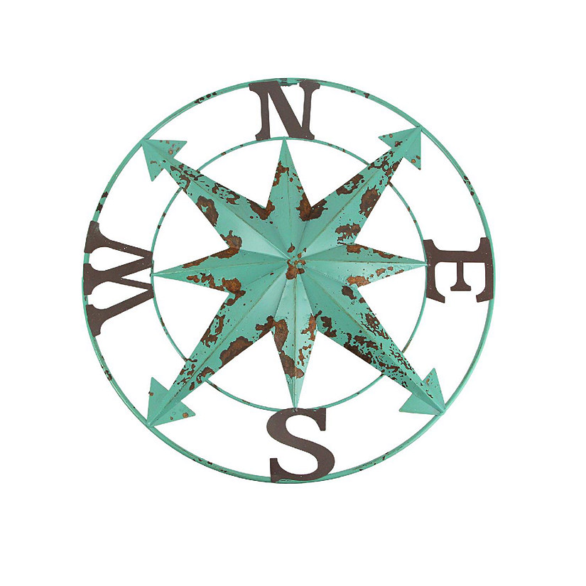 Special T Imports 24 Inch Distressed Turquoise Metal Compass Rose Nautical Wall Decor Hanging Art Image