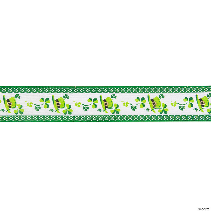 St. Patrick's Day Shamrock  and Hat Wired Spring Craft Ribbon 2.5" x 10 Yards Image