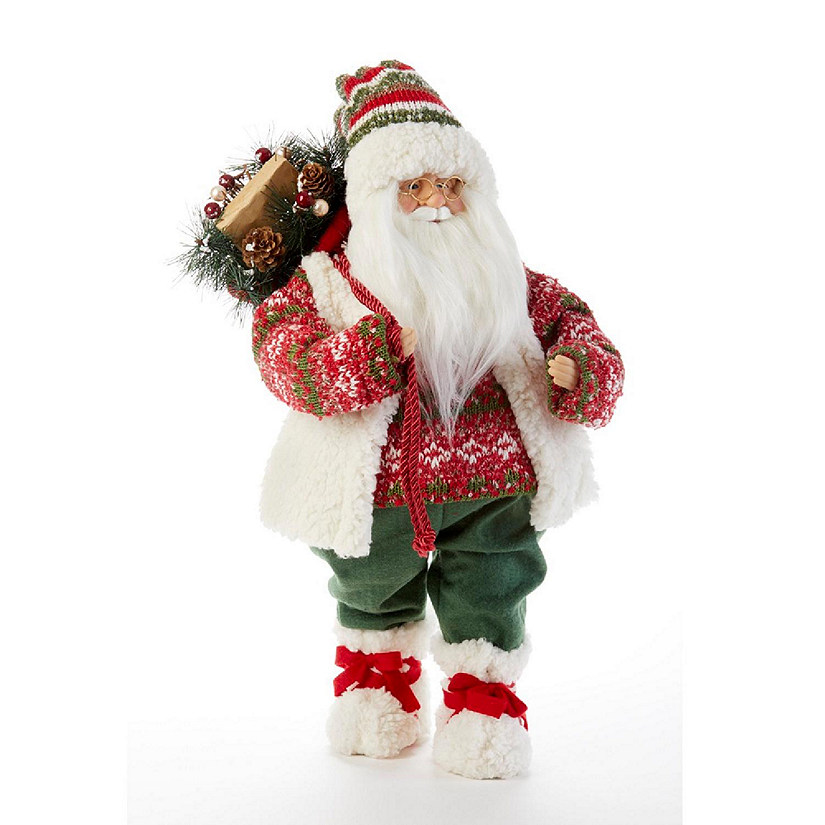 Standing Red Green Knit Santa with Vest Figurine 18.2 Inches Tall Image