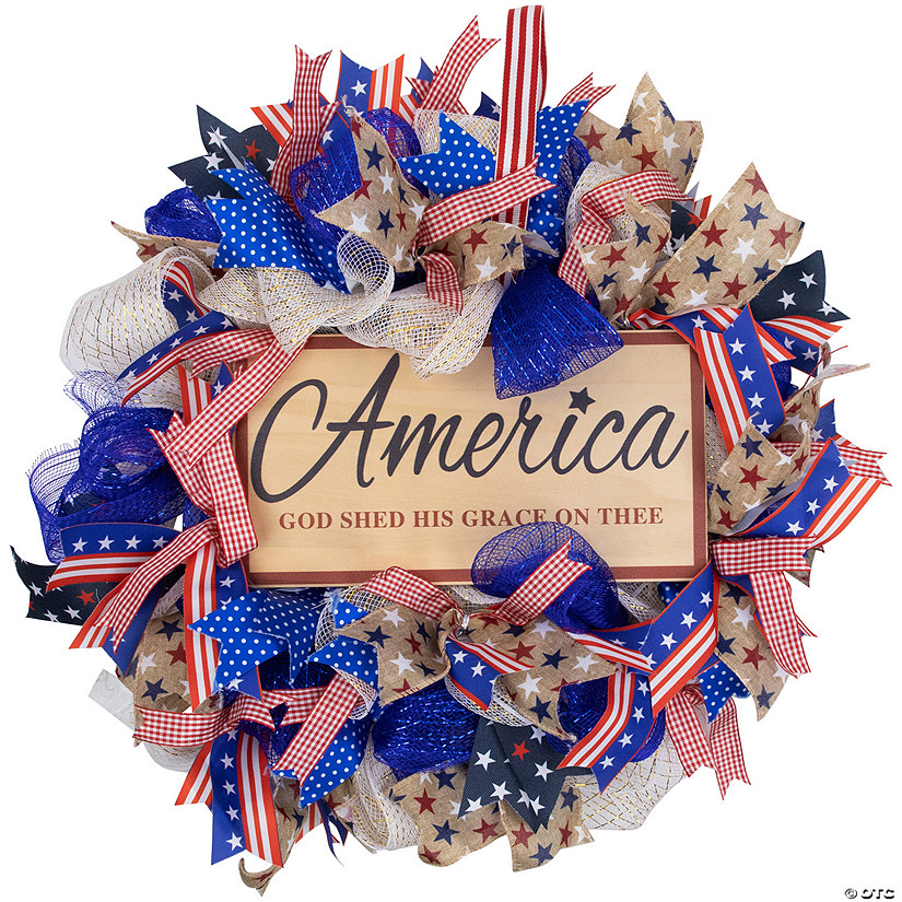 Stars & Stripes "America God Shed His Grace on Thee" Patriotic Bow Wreath -18" Image