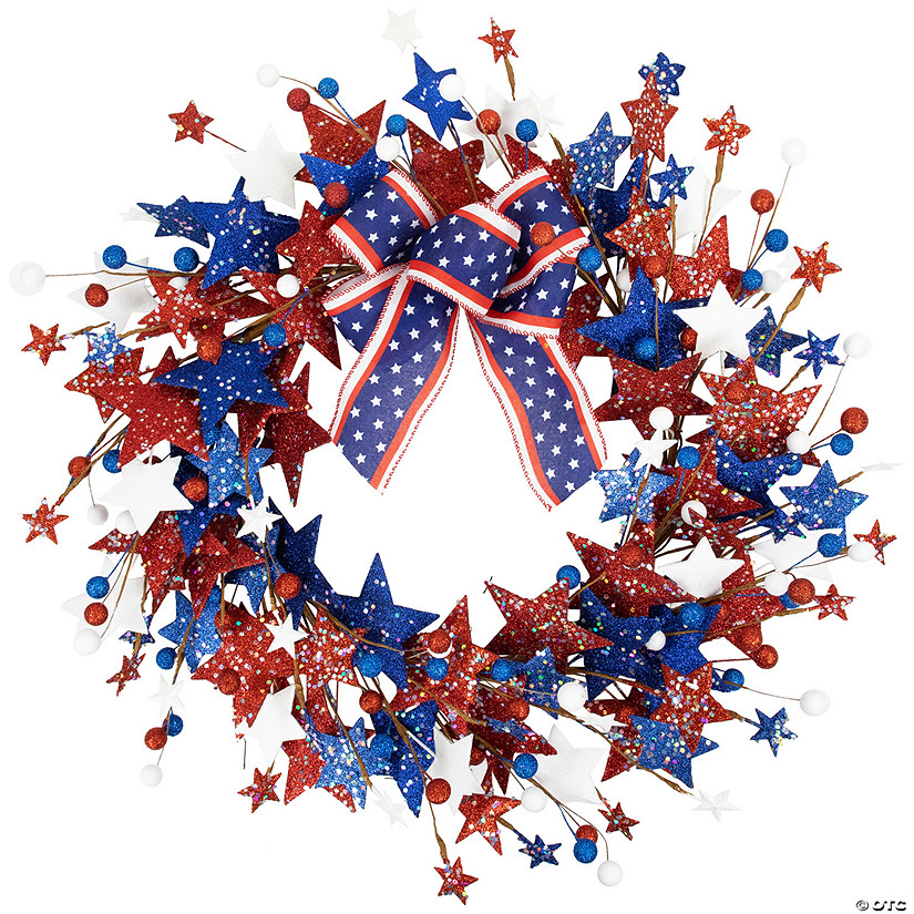 Stars and Stripes Glittered Patriotic Artificial Twig Wreath - 24" Image