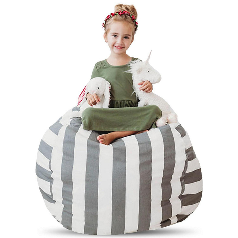 Stuff n Sit XL 38&amp;#8217;&amp;#8217; Bean Bag Storage Cover for Stuffed Toys, Great as Bedroom Organizer or Chair, Grey/White Striped Image