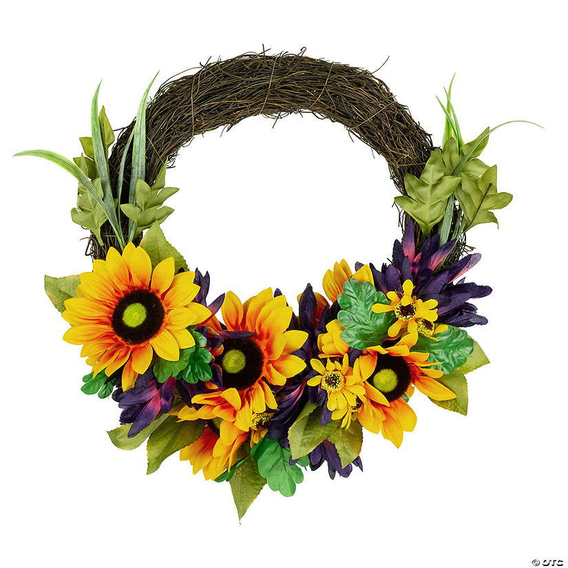 Sunflower and Mum Twig Autumn Artificial Floral Wreath 20-Inch