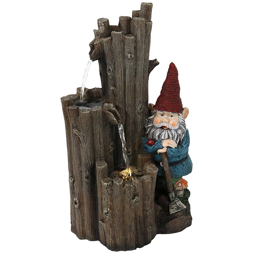 Sunnydaze 17"H Electric Polyresin Resting Gnome by Tiered Logs Outdoor Water Fountain with LED Light Image