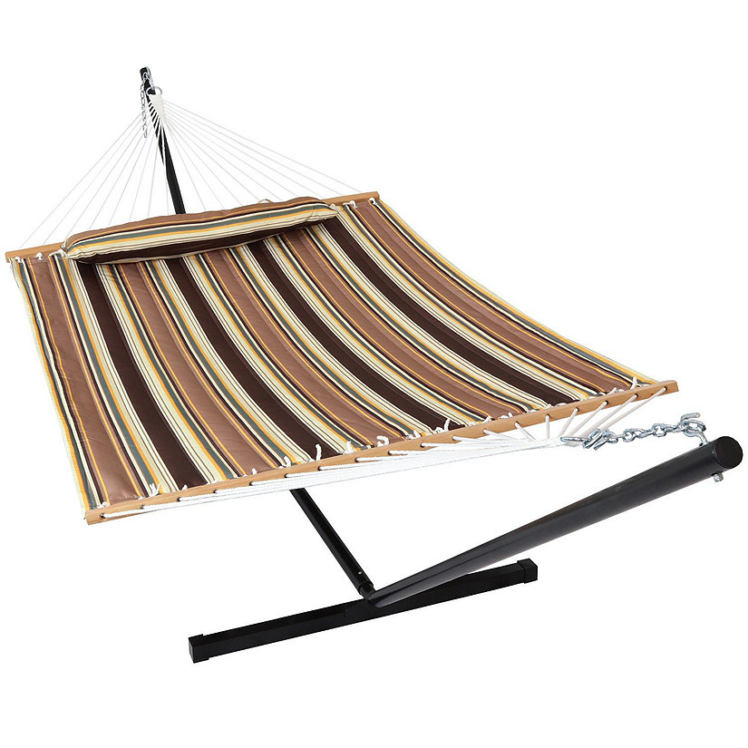 Sunnydaze 2-Person Heavy-Duty Quilted Hammock with Steel Stand - 350 lb Weight Capacity/12' Stand - Sandy Beach Image