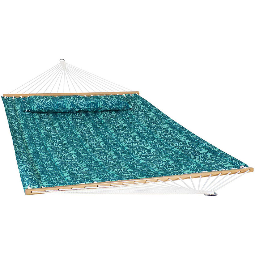 Sunnydaze 2-Person Quilted Printed Fabric Spreader Bar Hammock/Pillow with S Hooks and Hanging Chains - 450 lb Weight Capacity - Cool Blue Tropics Image