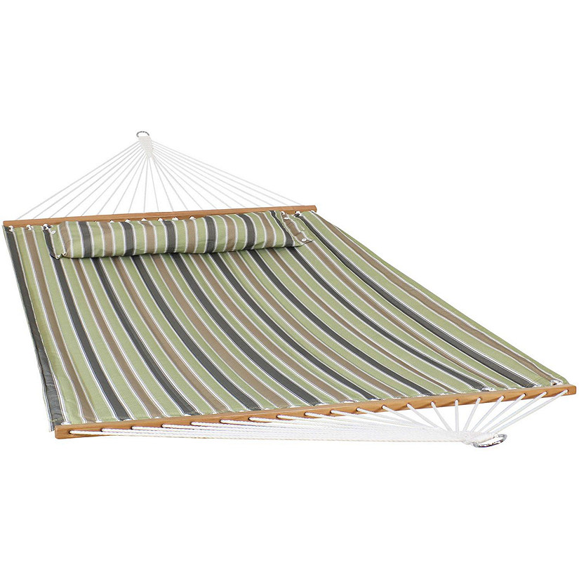 Sunnydaze 2-Person Quilted Printed Fabric Spreader Bar Hammock/Pillow with S Hooks and Hanging Chains - 450 lb Weight Capacity - Khaki Stripe Image