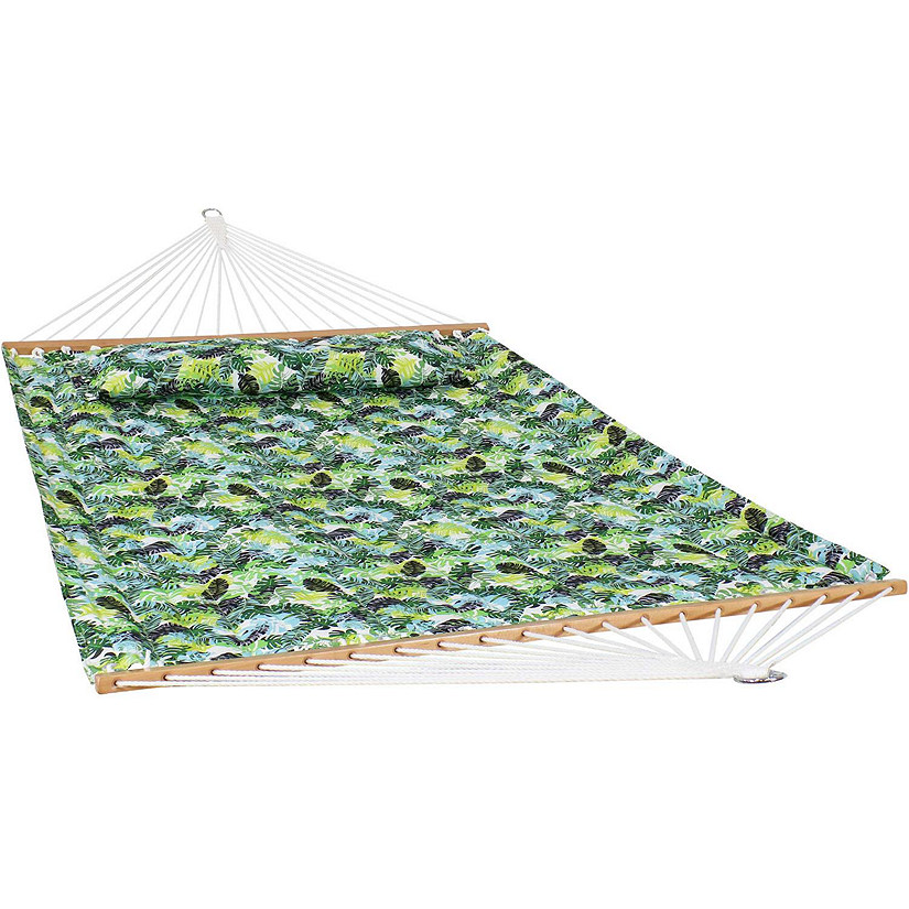 Sunnydaze 2-Person Quilted Printed Fabric Spreader Bar Hammock/Pillow with S Hooks and Hanging Chains - 450 lb Weight Capacity - Tropical Greenery Image