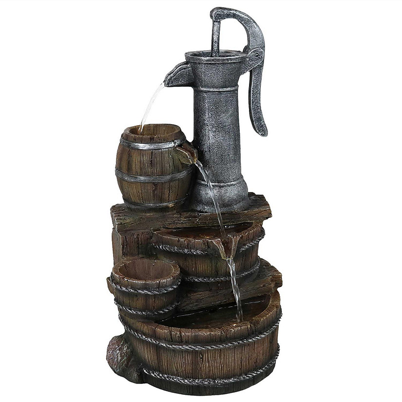 Sunnydaze 23"H Electric Polyresin Cozy Farmhouse Pump and Tiered Barrels Outdoor Water Fountain with LED Lights Image