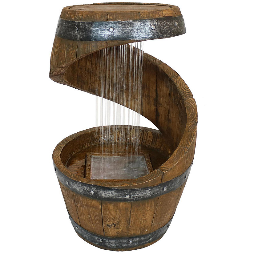 Sunnydaze 25"H Electric Resin Spiraling Barrel Outdoor Water Fountain with LED Lights Image