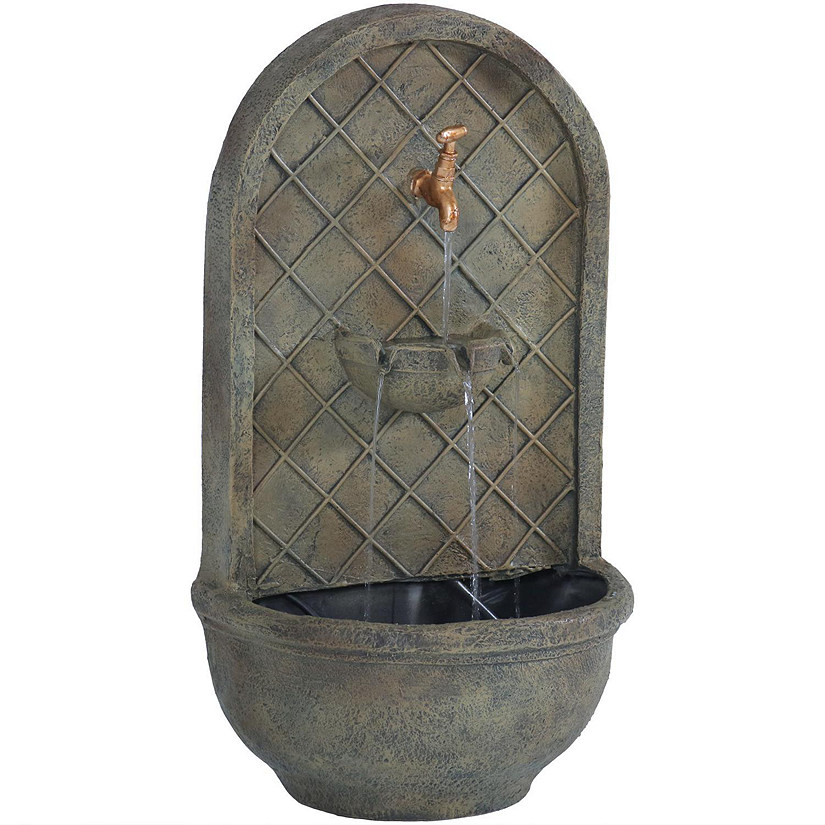 Sunnydaze 26"H Electric Polystone Messina Outdoor Wall-Mount Water Fountain, Florentine Stone Finish Image