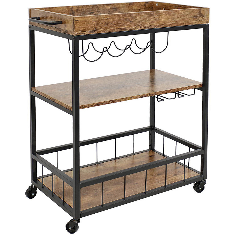 Sunnydaze 3 Tier Rustic Industrial Style Rolling Indoor Bar Cart with Wine Bottle and Stemware Rack Image