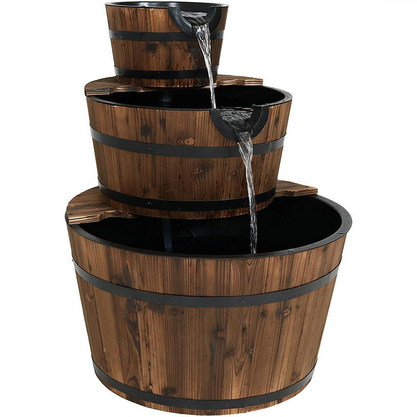 Sunnydaze 30"H Electric Wood Rustic Farmhouse Style 3-Tier Barrel Outdoor Water Fountain Image