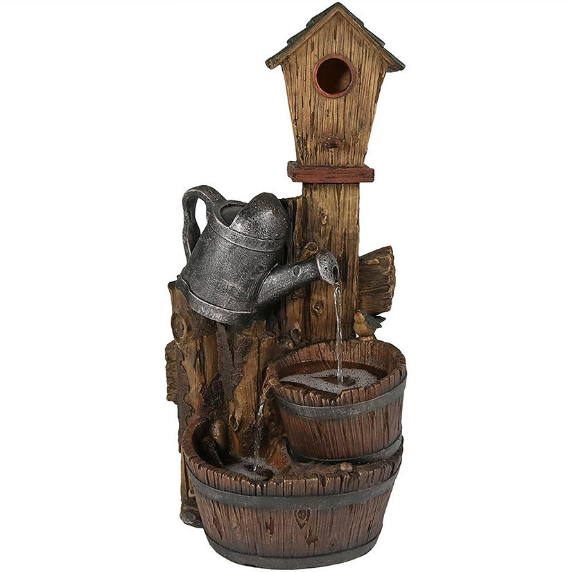 Sunnydaze 31"H Electric Polyresin Rustic Birdhouse and Garden Watering Can Outdoor Water Fountain Image