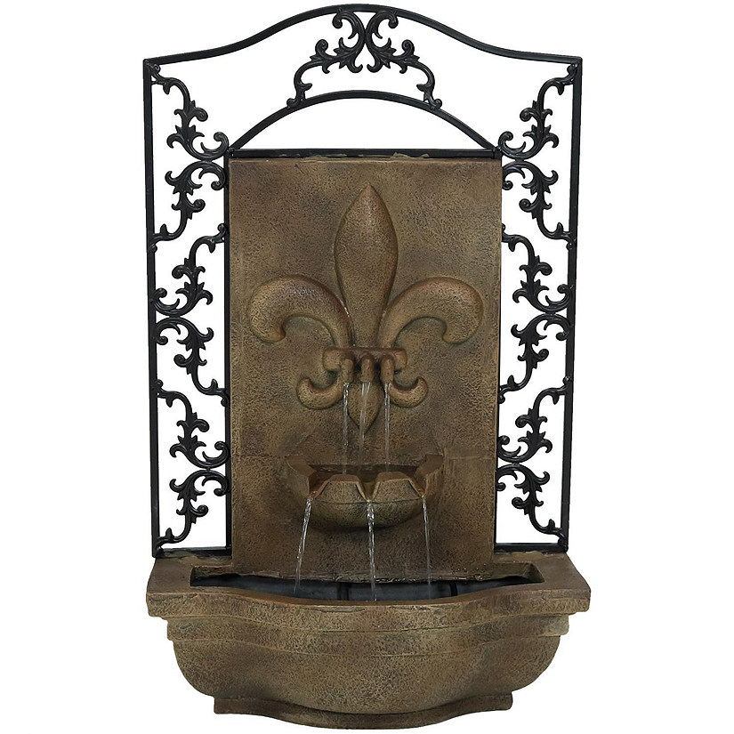 Sunnydaze 33"H Electric Polystone French Lily Design Outdoor Wall-Mount Water Fountain, Florentine Stone Finish Image