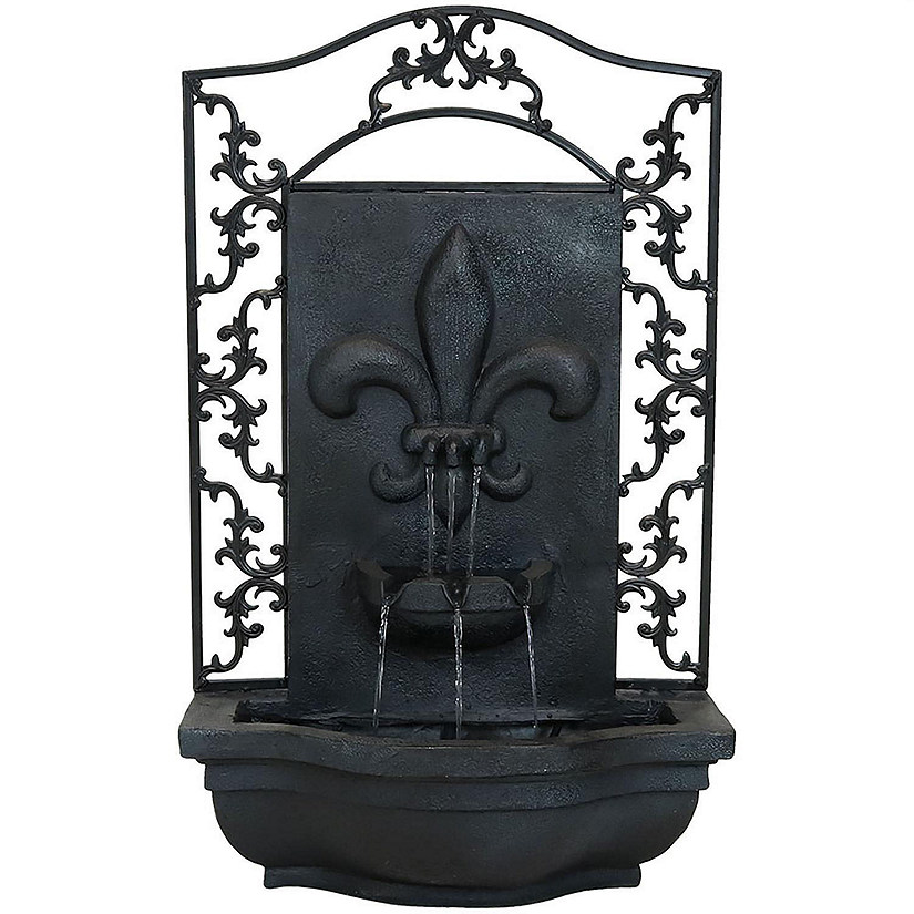 Sunnydaze 33"H Solar-Powered Polystone French Lily Design Outdoor Wall-Mount Water Fountain, Lead Finish Image