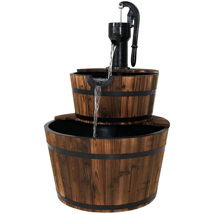 Sunnydaze 34"H Electric Fir Wood 2-Tier Farmhouse Barrel with Metal Decorative Hand Pump Outdoor Water Fountain Image