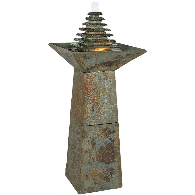 Sunnydaze 40"H Electric Natural Slate Layered Pyramid Tiered Outdoor Water Fountain with LED Light Image