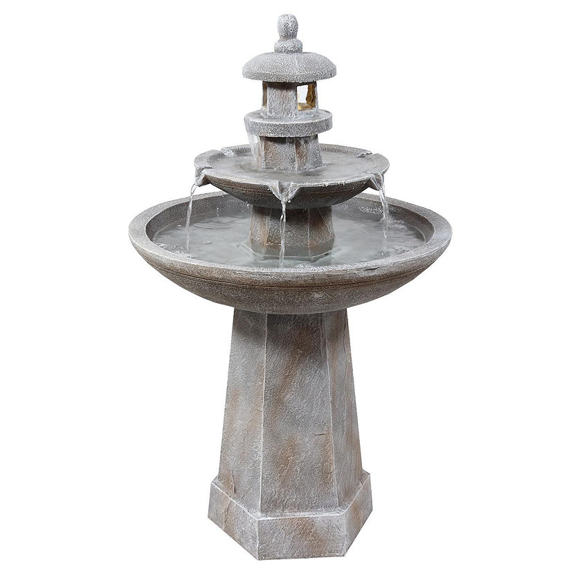 Sunnydaze 40"H Electric Polyresin 2-Tiered Pagoda Outdoor Water Fountain with LED Light Image